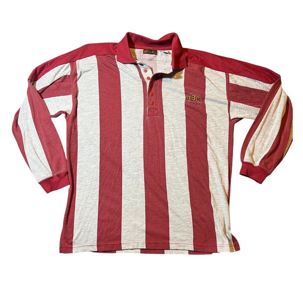 Vintage Bugle Boy Men's Size Medium Polo Shirt Burgundy Stripes Short Sleeve